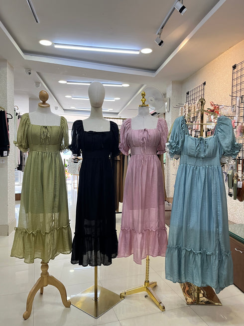 Summer Puff Sleeves Square Neck Side Slit Maxi Dress